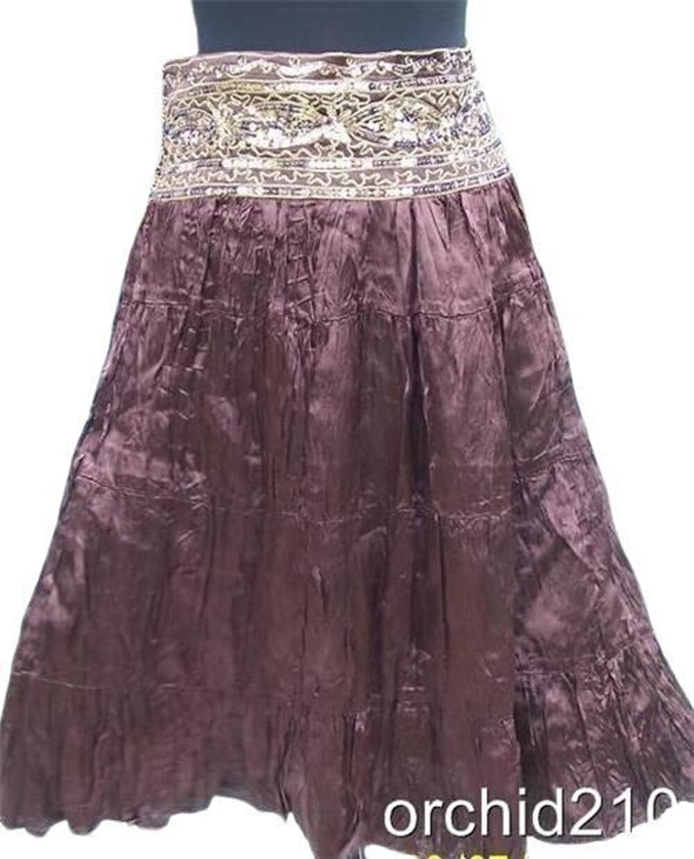 Cache Brown Silk like Boho Hand Sewn Sequins Crinkle Lined Skirt New NWT $138 12